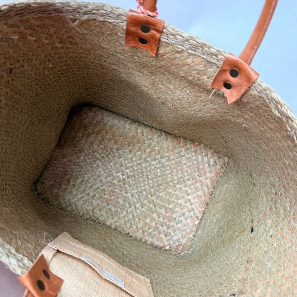 Mar Y Sol Caracas Tote Straw Raffia Pom Pom Beach Tote - Beige/Red - Picture 8 of 11